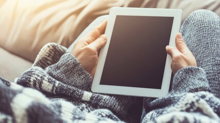 Close-up of hands holding a white tablet with a blank screen, while seated comfortably on a sofa wearing a cozy patterned sweater.  Sunlight streams in