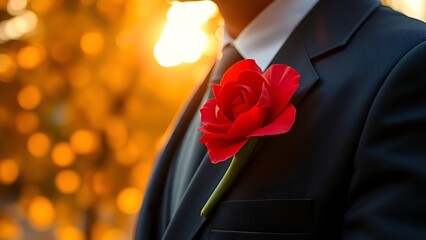 A vibrant red carnation pinned on a dark blue suit lapel, golden sunlight filtering through softly blurred autumn leaves.