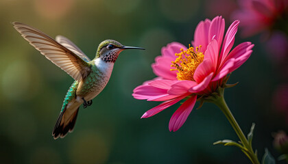 Captivating hummingbird hovers near vibrant pink cosmos flower in soft natural light