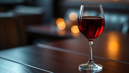 Glass of red wine elegantly placed on a dark wooden table, reflecting warm ambient light.