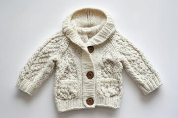 Off-white, cable-knit baby cardigan, flat lay