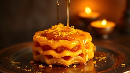 Close-up of golden jalebi dessert with saffron strands, evoking festive indulgence for India's Independence Day.