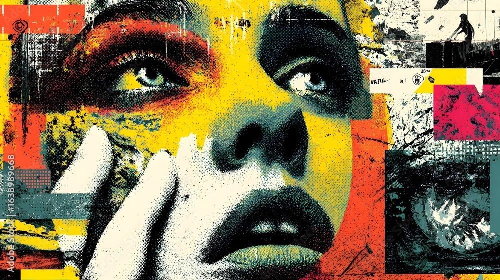 Poster striking and visually complex abstract collage portrait featuring a pensive emotive face with vibran