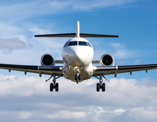 Fototapeta premium White regional jet aircraft on approach, landing gear down, against a partly cloudy sky