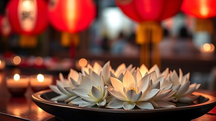 White lotus flowers on dark tray, candlelit with blurred red lanterns in background.