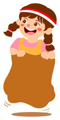 A cheerful cartoon illustration of a young girl participating in a sack race. Perfect for themes related to sports day, traditional games, children’s activities, and festive competitions.