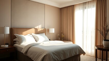 Stylish hotel room with crisp linens and morning sunlight filtering through sheer curtains.