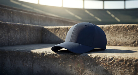 Blue Baseball Cap on Stadium Stairs Mockup Sunny Day