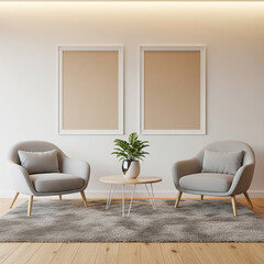 modern living room interior design with white sofa. Modern interior with two blank poster mockups on clean wall and cozy armchairs in stylish living room setting with wooden flooring.