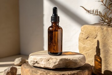 Amber Glass Dropper Bottle Natural Product Packaging on Stone, Sunlight