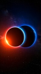 Two planets, one red, one blue, eclipse each other in a cosmic scene