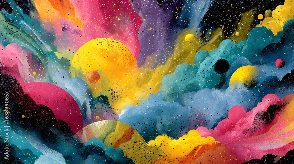 Poster vibrant and dynamic abstract digital artwork depicting a fantastical colorful explosion of shapes fo