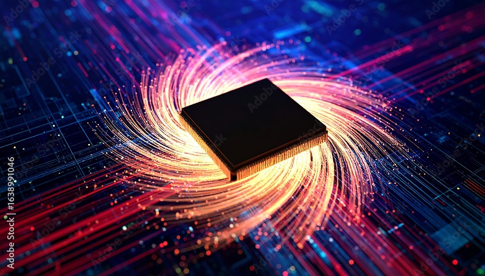 Fototapete abstract representation of data flow through a microchip