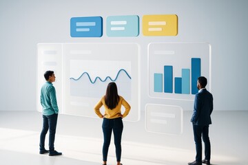 Team analyzing interactive financial graphs and bar charts on futuristic interface in modern office environment with abstract light background. Ai generative