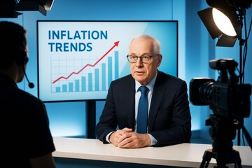 Business expert discussing inflation trends during live finance broadcast in studio with professional lighting and economic graph background. Ai generative