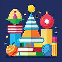 Modern geometric back to school composition with books, pencil, and abstract shapes on dark blue