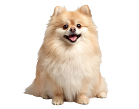 A fluffy Pomeranian Spitz dog sits happily on a white background, displaying a cheerful expression with its mouth open and tongue out.