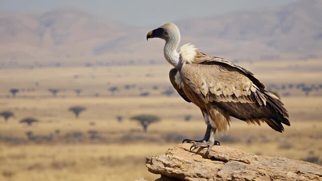 A large vulture with wrinkled skin around its eyes and a hooked beak surveys its surroundings. Rocky outcrop in a dry savannah landscape