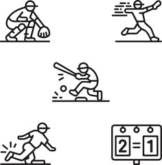 Fototapeta premium Baseball Action Elements Line Icon Set – Catcher Pose, Pitching Arm, Home Run Swing, Base Slide, and Scoreboard