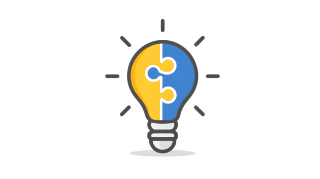 Filled vector icon of a puzzle piece fitting into a light bulb, isolated on white background - Powered by Adobe