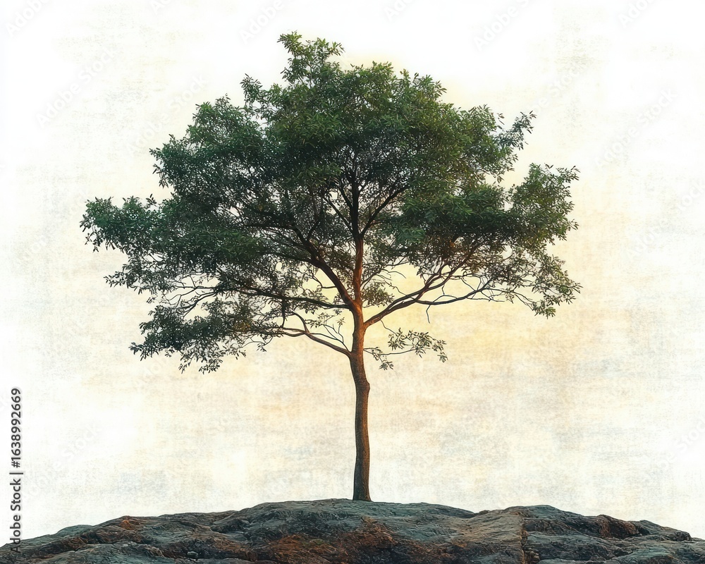 Poster solitary green tree standing on rocky terrain against a light sky background creating a serene and p