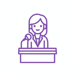 Flat Line Icon – Woman Speaking at Podium, holding a microphone, delivering a speech or presentation in a professional setting.