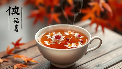 A porcelain teacup with floating chrysanthemum blossoms, steam rising against softly blurred autumn maple leaves.