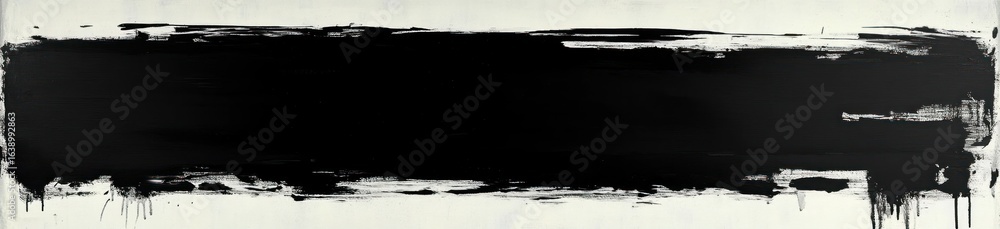 Poster wide horizontal black brushstroke with irregular edges and paint drips on white background creating 
