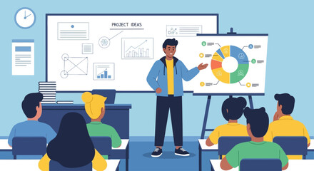 A presenter standing in front of a class, explaining a pie chart and diagrams.