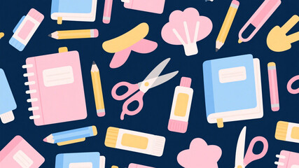 Charming pastel stationery essentials like notebooks, pencils, and scissors scattered on a dark blue background, perfect for back-to-school designs and creative projects
