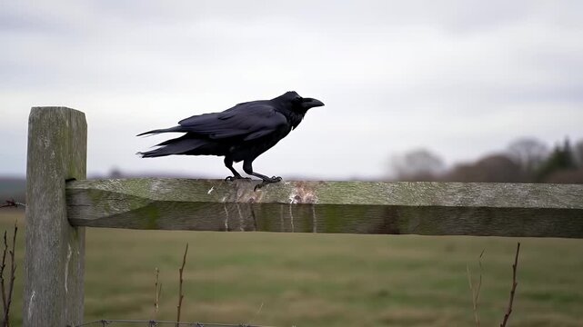 Black Raven Perched on Weathered Wooden Fence with Partially Unfurled Wings on an Overcast Day with Soft Blurred Green and Brown Fields