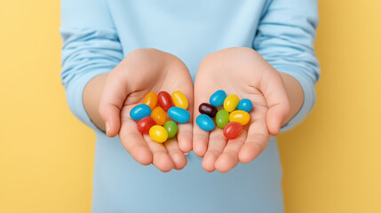 Colorful jelly beans in child hands evoke playful back to school vibe against bright yellow background