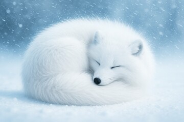 Peaceful white arctic fox curled up and sleeping in snowfall, serene winter landscape with soft light and dreamy background atmosphere. Ai generative