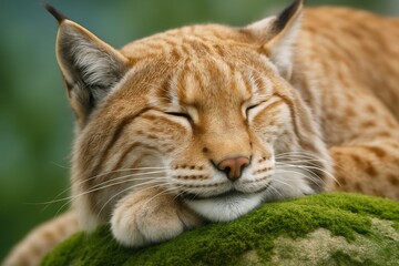 Obraz premium Close-up of a relaxed lynx peacefully sleeping on a moss-covered rock with soft green background and natural light in a tranquil forest scene. Ai generative