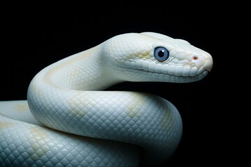 Fototapeta premium Close-up of a coiled albino snake with detailed scales and blue eyes under dramatic light on black background, symbolizing mystery and nature beauty. Ai generative