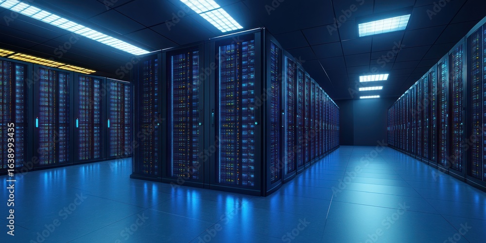 Aufkleber spacious high-tech server room with rows of illuminated server racks under bright ceiling lights, cr