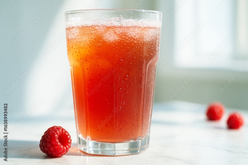 Poster refreshing raspberry soda drink in clear glass with bubbles and ice, placed on bright surface with s