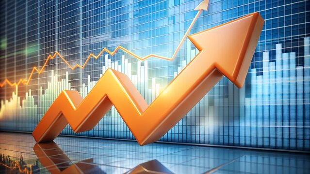 Orange arrow graph showing upward trend on financial data background isolated on transparent background - Powered by Adobe