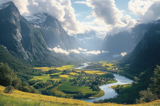 Serene valley landscape with a winding river flowing through green fields surrounded by tall mountains partially covered in snow and clouds under a bright sky