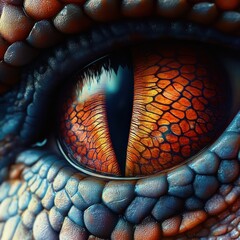 Fototapeta premium Close-up of a richly textured reptile eye with vibrant orange and red scales and detailed blue and gray surrounding skin, showing intense and mysterious emotion
