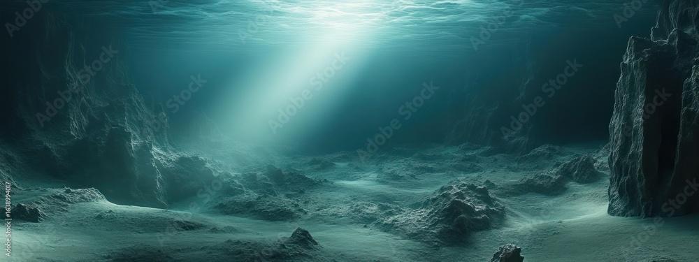 Poster underwater scene showing rocky ocean floor with jagged cliffs and soft beams of light penetrating cl