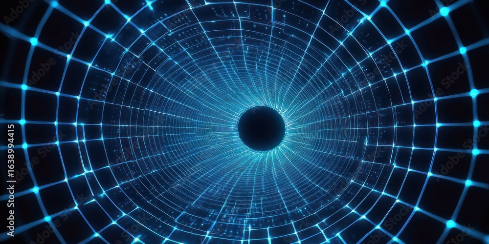 Poster glowing blue digital tunnel with a grid pattern converging to a central black circle, evoking a futu