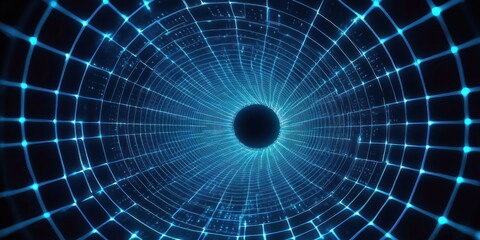 Fototapeta premium Glowing blue digital tunnel with a grid pattern converging to a central black circle, evoking a futuristic and high-tech atmosphere