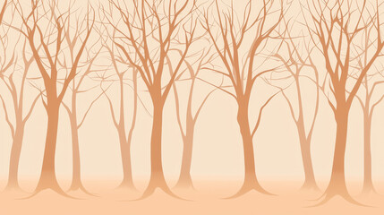 Misty autumn woodland; bare, slender trees in muted orange tones