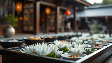 White lotus flowers on dark lacquered tray during Obon, with steamed dishes and blurred traditional architecture.
