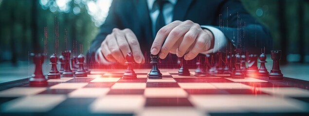 Close-up of businessman playing chess with digital financial data overlays representing strategic thinking and analytical decision making