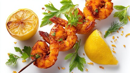 Shrimp skewers are presented with sliced lemon, greens, and citrus zest, close-up