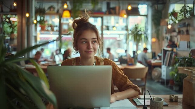 Student Studying on Laptop in a Cozy Coworking Caf&eacute;