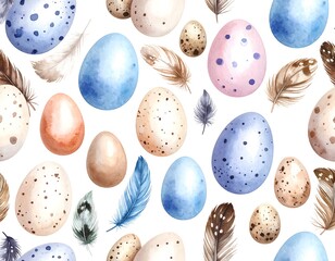 Watercolor Easter eggs and feathers pattern (1)