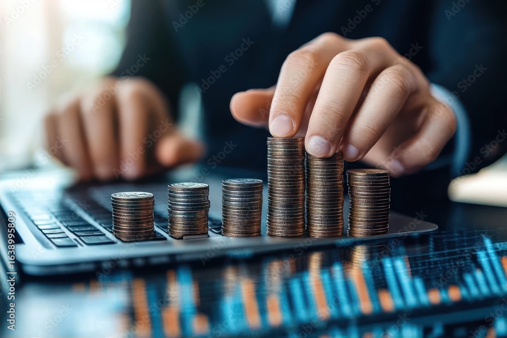 Poster person stacking increasing piles of coins on laptop keyboard with financial charts visible on screen